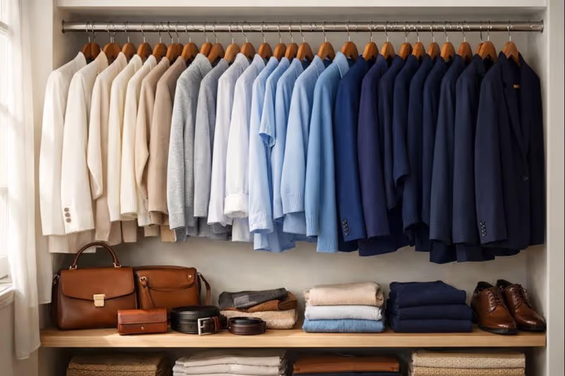  A well-organized closet section showing coordinated pieces that work together, demonstrating how thoughtful wardrobe curation simplifies daily outfit selection.