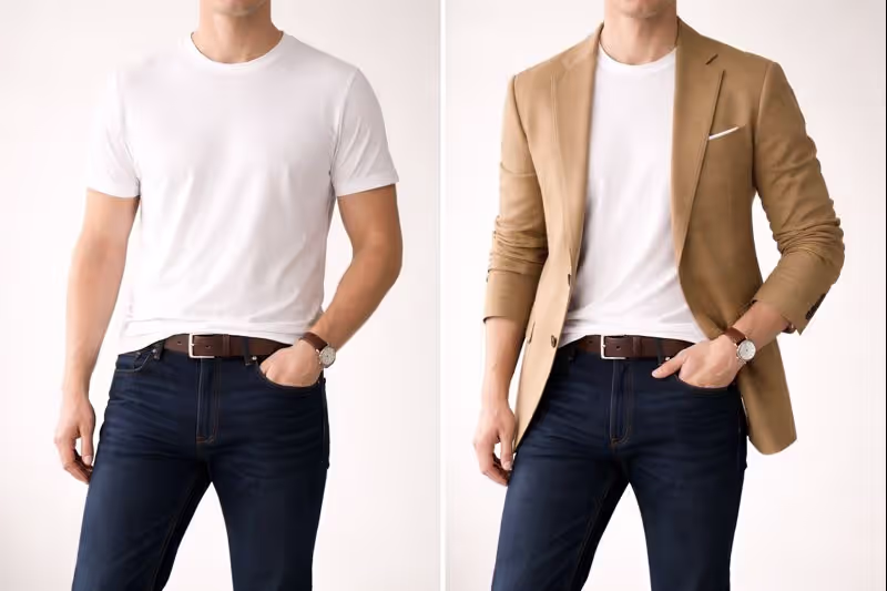 The third piece principle demonstrated through a blazer transforming a simple t-shirt and jeans combination from casual basic to polished outfit.