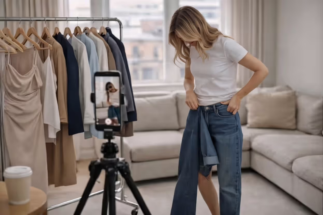 Behind the scenes of content creation showing the reality of outfit changes, styling assistance, and multiple looks prepared for a single "casual" photoshoot.